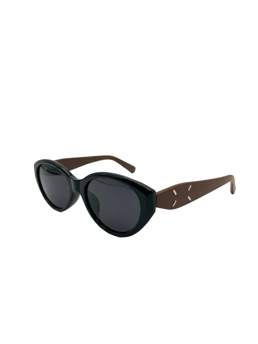 RayVerse - Two-Tone Black & Wood Soft Cat-Eye Sunglasses W - 1006
